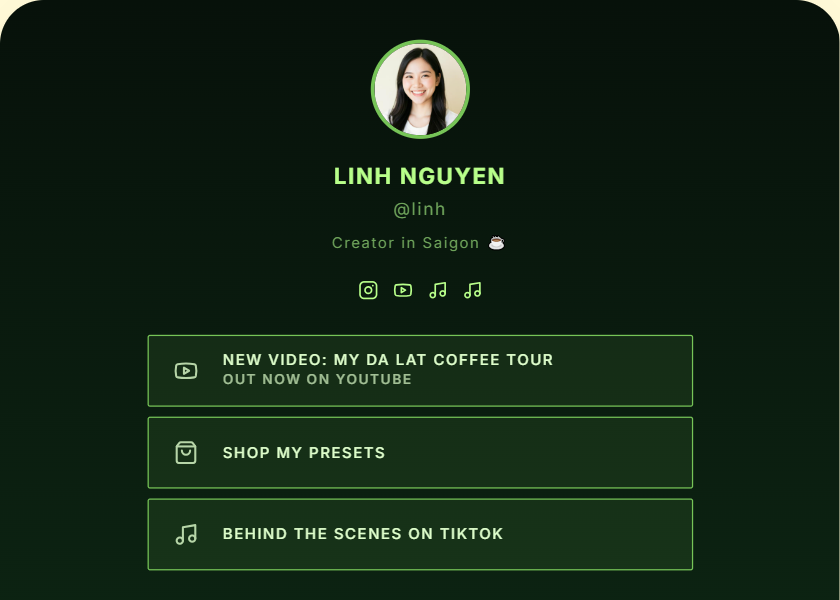 Gamer bio page template - Neon grid, hard edges, mono type