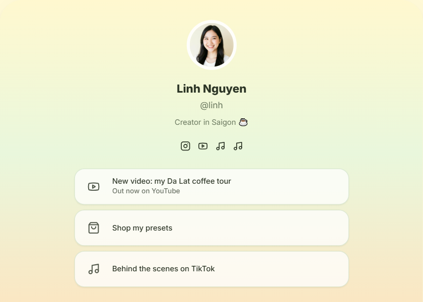 Influencer bio page template - Soft pastel wash, generous spacing