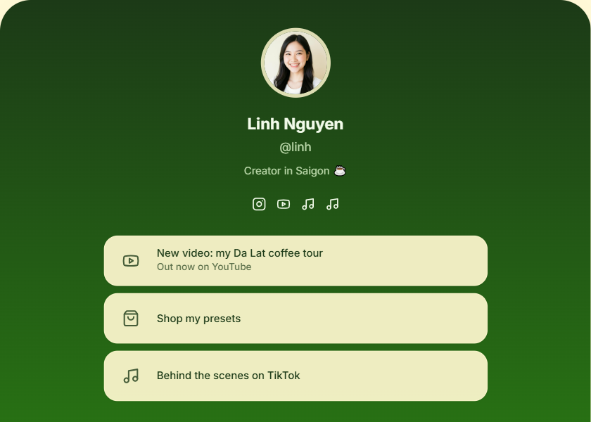 Personal bio page template - Deep forest green, cosy and calm