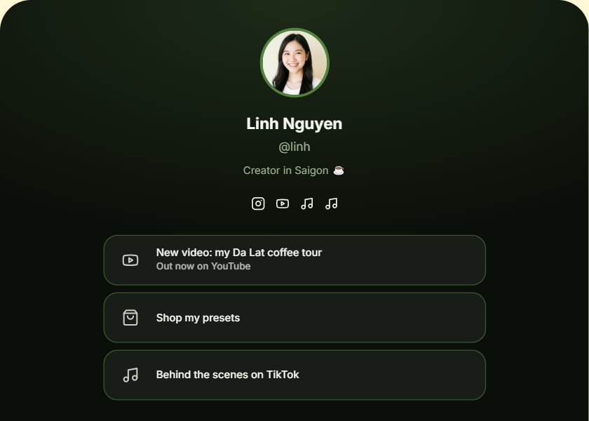 Dark Creator bio page template - Deep charcoal with glowing edges