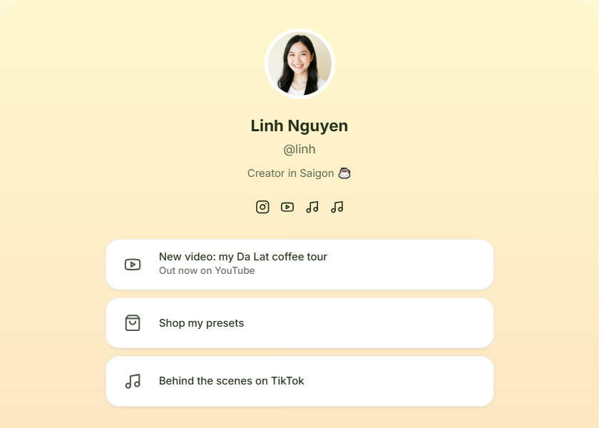 Minimal Creator bio page template - Cream paper, soft green accents